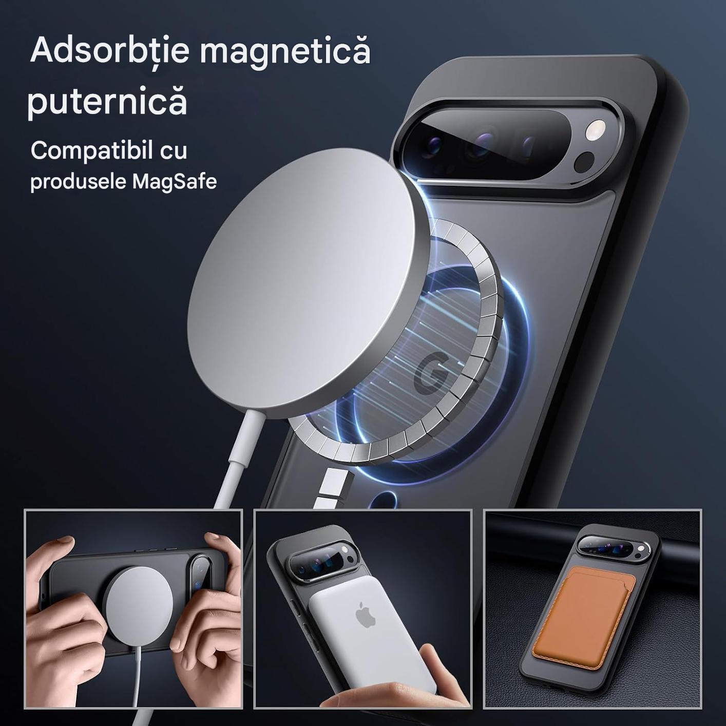 Husa magnetica pentru Google Pixel 10/Pixel 10 Pro, Compatibila cu MagSafe, Spate Mat Translucid, Anti-amprenta, Protectie margini camera, Protectie la Impact, Negru/Transparent mat