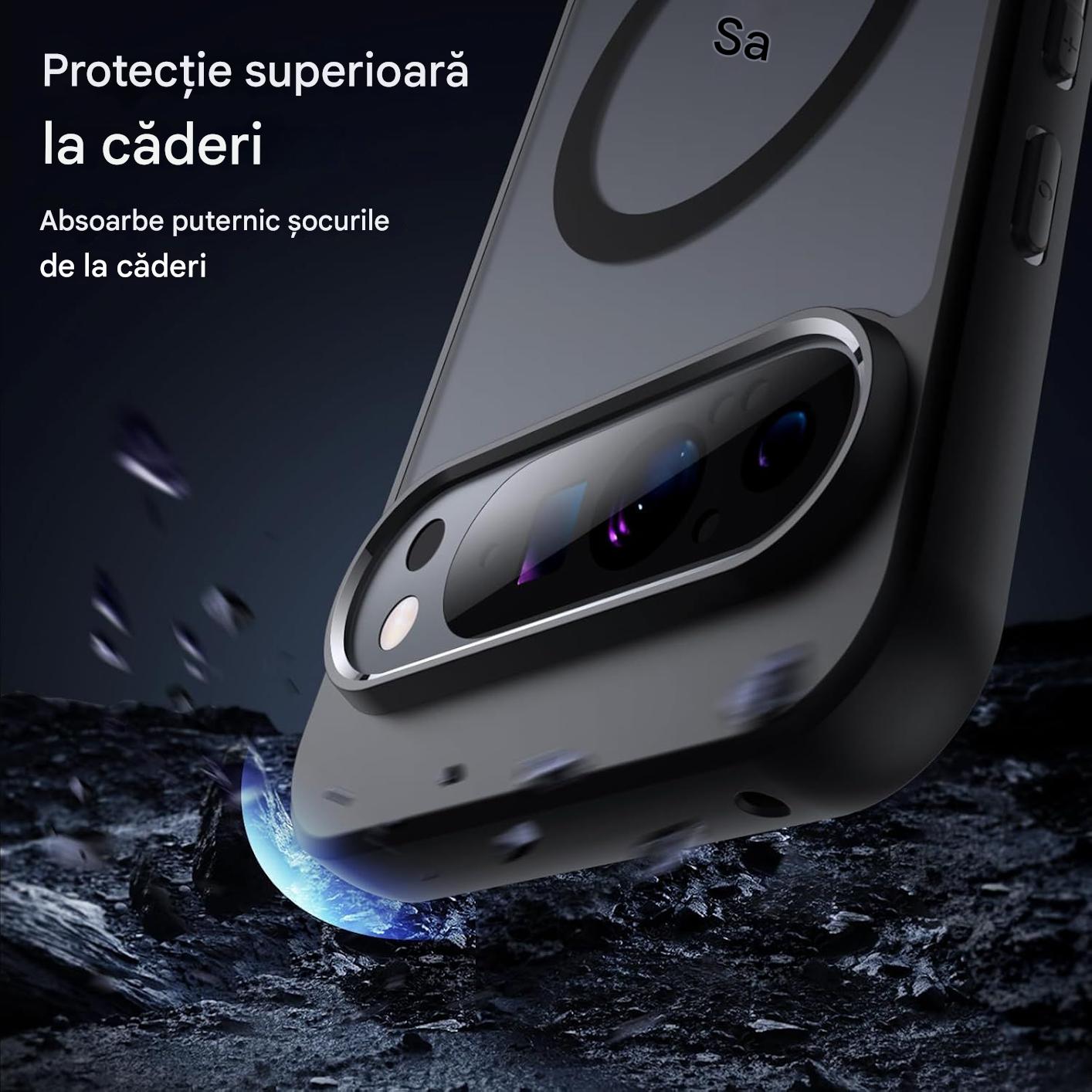Husa magnetica pentru Google Pixel 10/Pixel 10 Pro, Compatibila cu MagSafe, Spate Mat Translucid, Anti-amprenta, Protectie margini camera, Protectie la Impact, Negru/Transparent mat