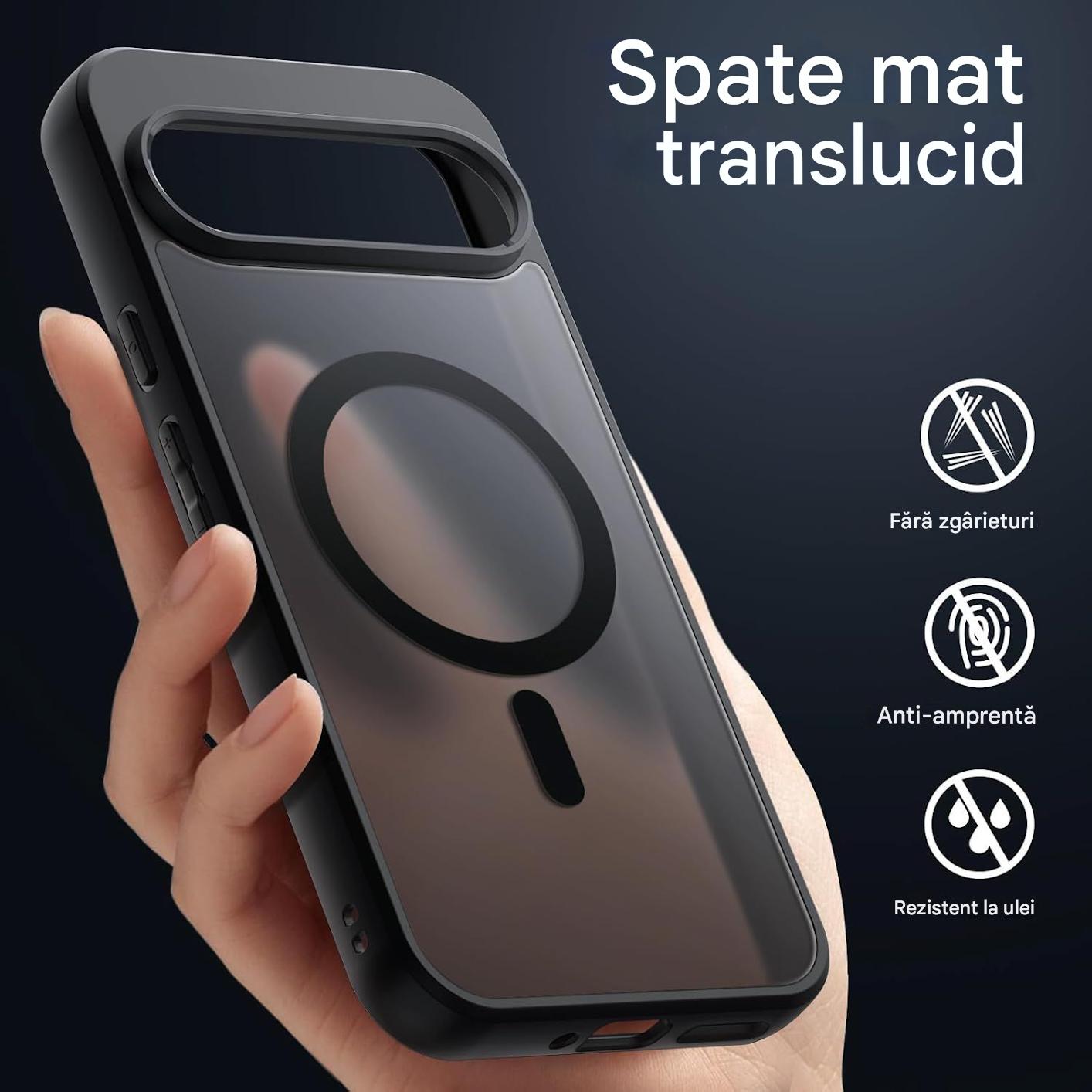 Husa magnetica pentru Google Pixel 10/Pixel 10 Pro, Compatibila cu MagSafe, Spate Mat Translucid, Anti-amprenta, Protectie margini camera, Protectie la Impact, Negru/Transparent mat