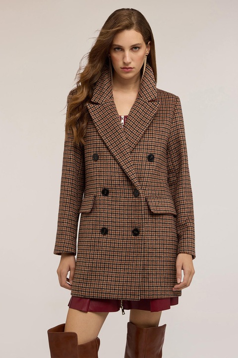 Motivi, Trenci din amestec de lana cu model in carouri, Negru/Maro, L