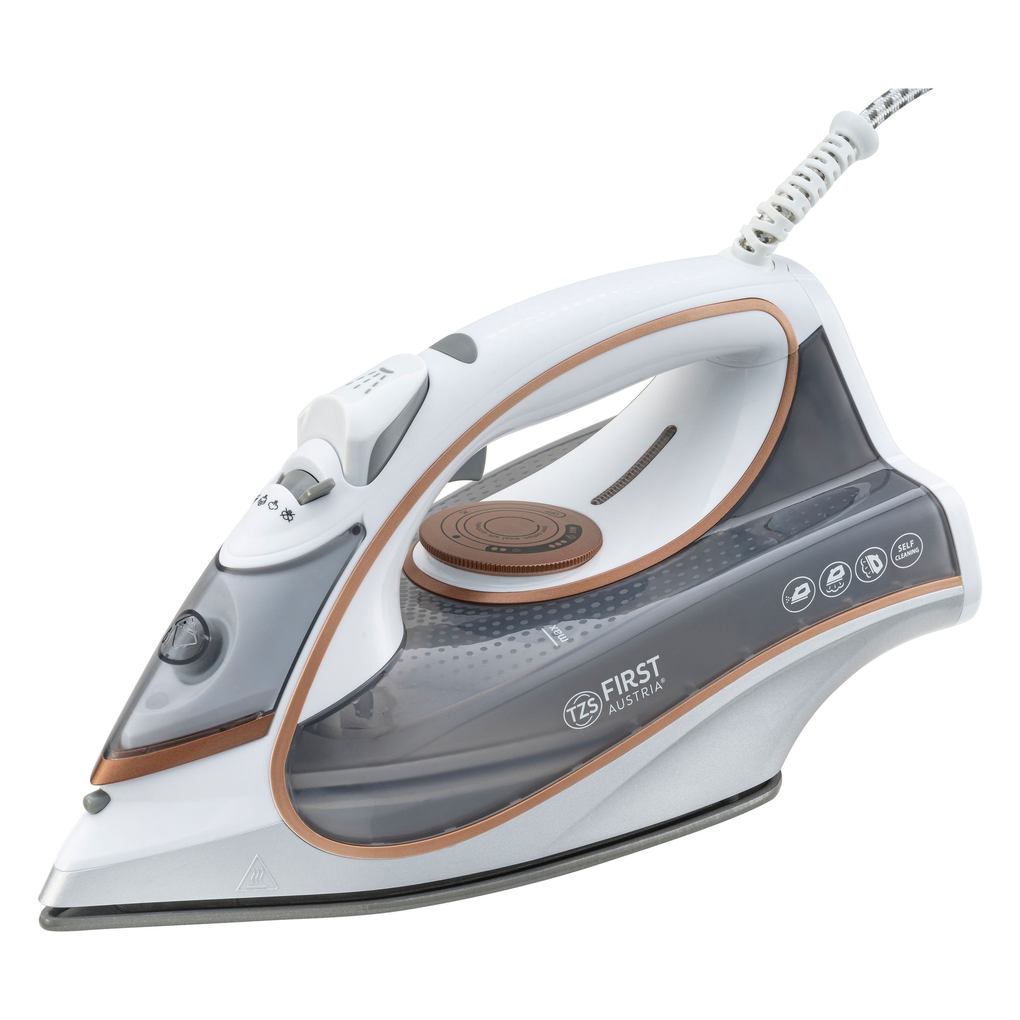Fier de calcat cu aburi, TZS First Austria, 2800-3200W, talpa ceramica, alb, rezervor 450 ml