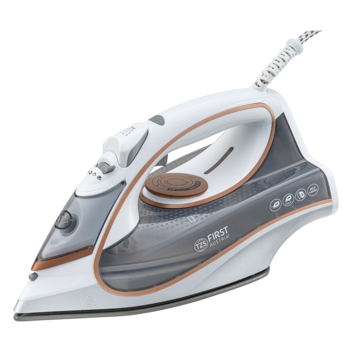 Fier de calcat cu aburi, TZS First Austria, 2800-3200W, talpa ceramica, alb, rezervor 450 ml