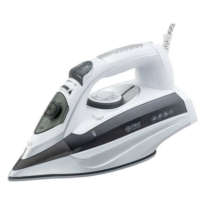 Fier de calcat cu abur, TZS First Austria, 3100W, talpa ceramica, functie verticala, 450 ml, gri