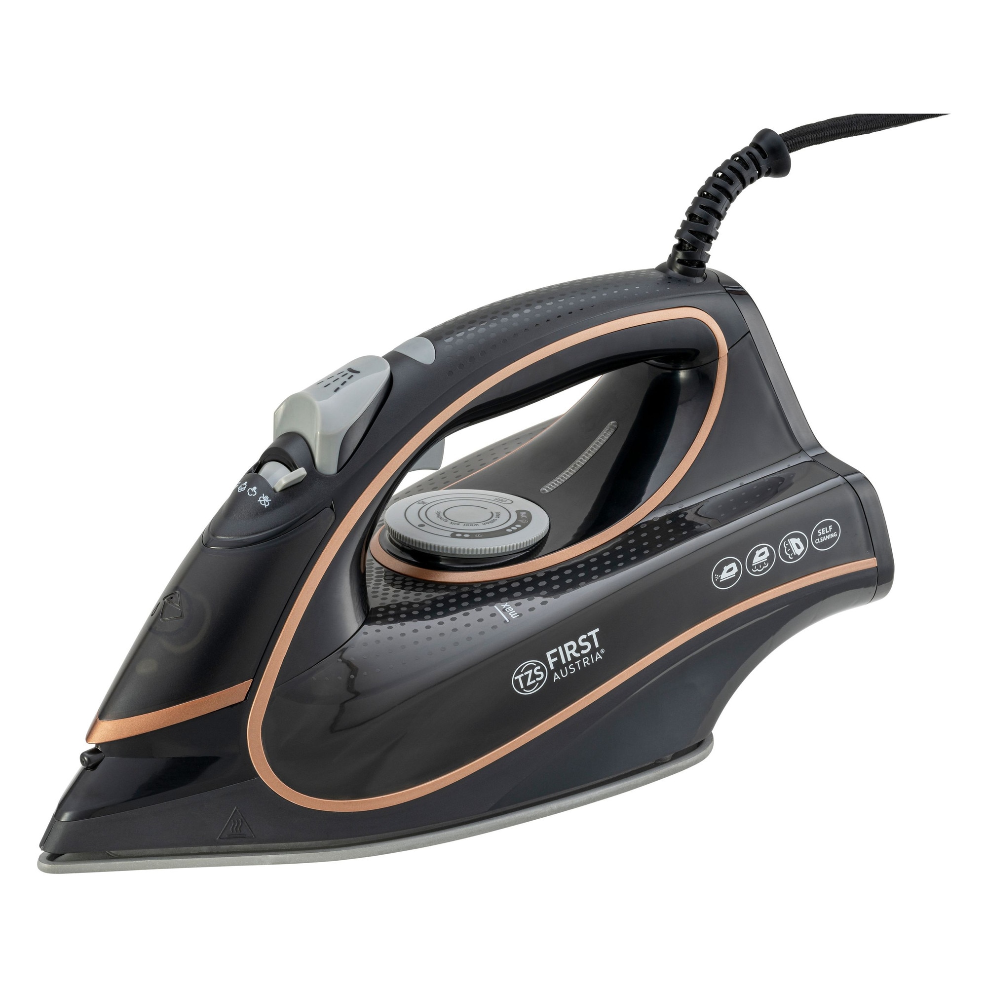 Fier de calcat cu aburi, TZS First Austria, 2800-3200W, talpa ceramica, jet vertical, 450 ml, negru