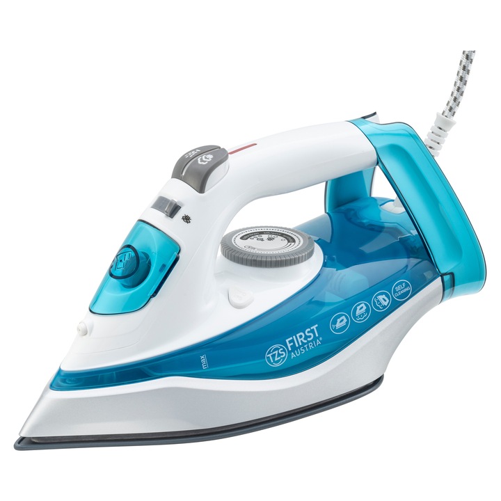 Fier de calcat cu aburi TZS First Austria 2290–2720W, Talpa ceramica, Jet vertical, Anti-calcar, Autocuratare, 300 ml rezervor, albastru