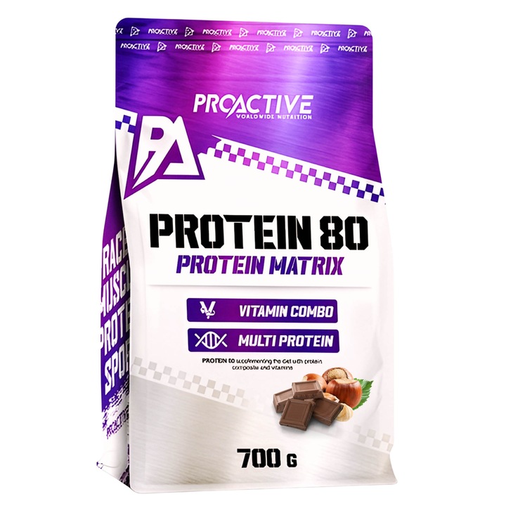 Pudra proteica 700g ProActive Proteine 80, Real Pharm, ciocolata cu alune