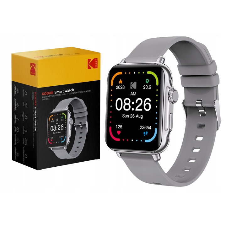 Ceas inteligent Kodak SW-7203, argintiu-gri, 1, 8 inch, IP68, Bluetooth 5.3, set inclus ceas, cablu de incarcare, manual utilizare
