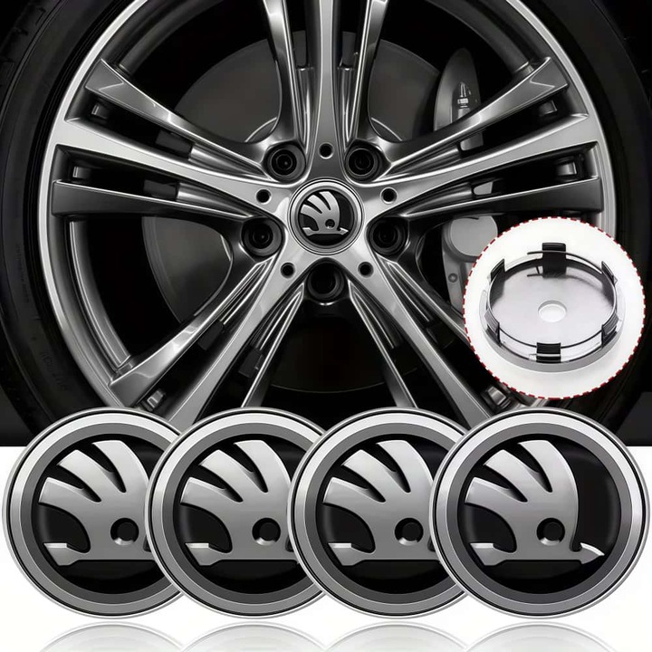 ARRRD® set 4 Capace jante Skoda 60mm, pentru Skoda Fabia, Octavia, Superb, Rapid, universal, Argintiu+Negru