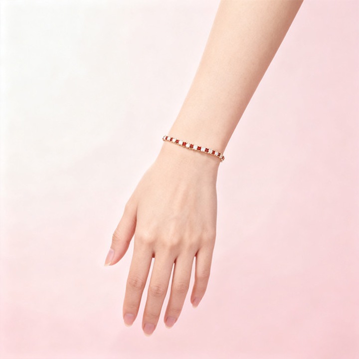 Bratara cu zirconii taiati patrat, in nuante de rosu si alb, lungime 17, 6 cm