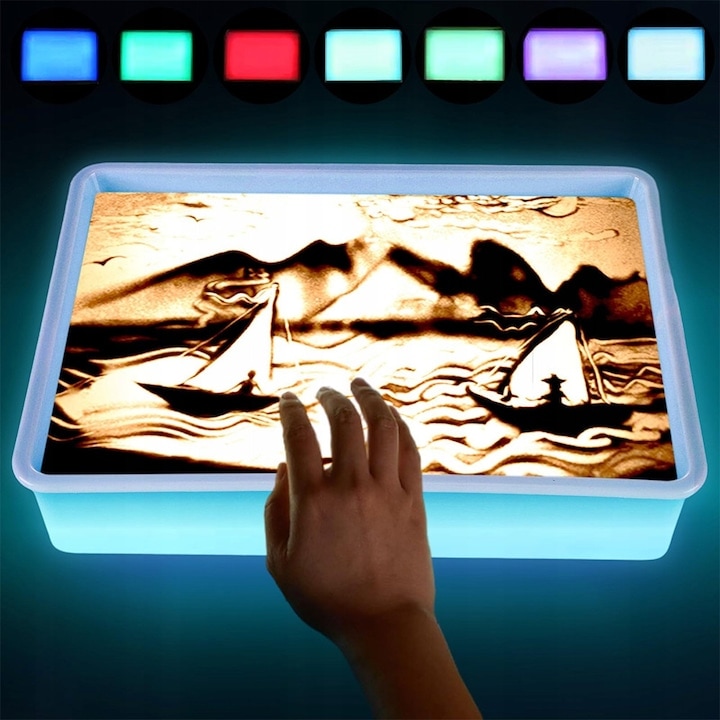 Cutie cu Nisip Luminoasa pentru Pictura pentru Copii, 7 Culori Reglabile, Jucarie Educativa, Cadou Creativ Baieti Fete, Cutie LED pentru Desen cu Nisip, albastru si alb, 40x28x9cm