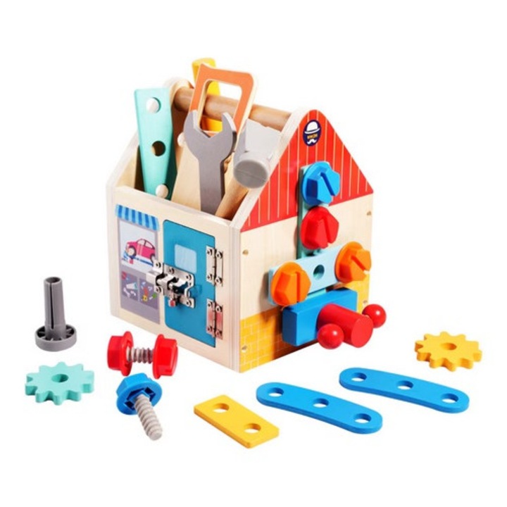 Jucarie interactiva din lemn casuta cu activitati, montessori, Set de unelte pentru copii, 33 piese, Lemn, cu suruburi