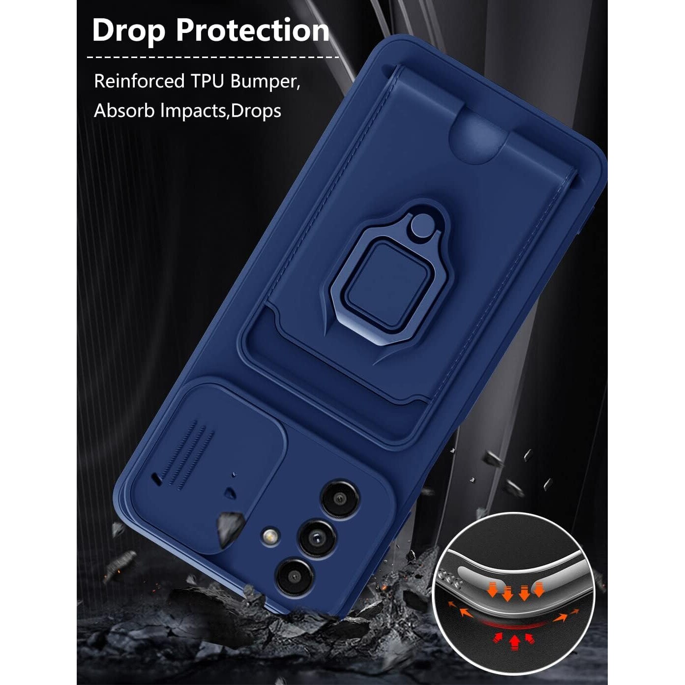 Husa telefon Samsung Galaxy A56, suport magnetic, capac pentru camera, albastru inchis, ultra-subtire, cu slot pentru carduri