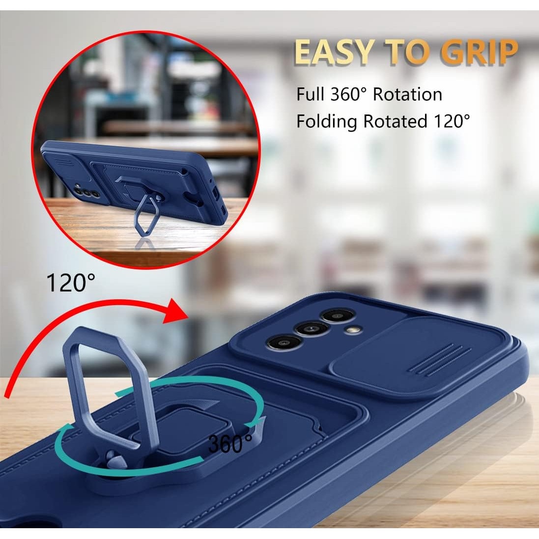 Husa telefon Samsung Galaxy A56, suport magnetic, capac pentru camera, albastru inchis, ultra-subtire, cu slot pentru carduri
