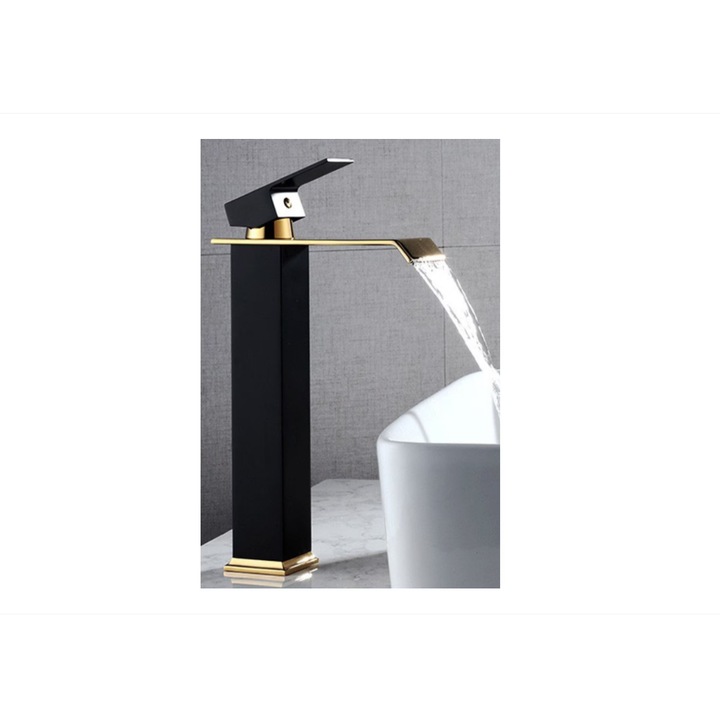 Mosdó csaptelep, vízesés, arany bevonat, MZ-6007, modern design, fekete/arany