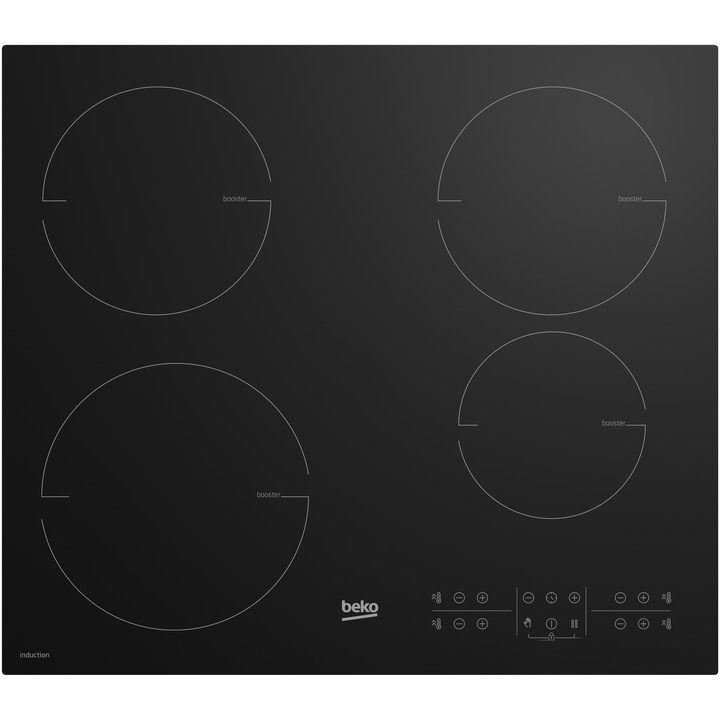 Плот за вграждане Beko HII64200RT, Индукция, 4 зони за готвене, 9 нива на мощност, Booster, Детска защита, Таймер, Автоматично изключване, Черен