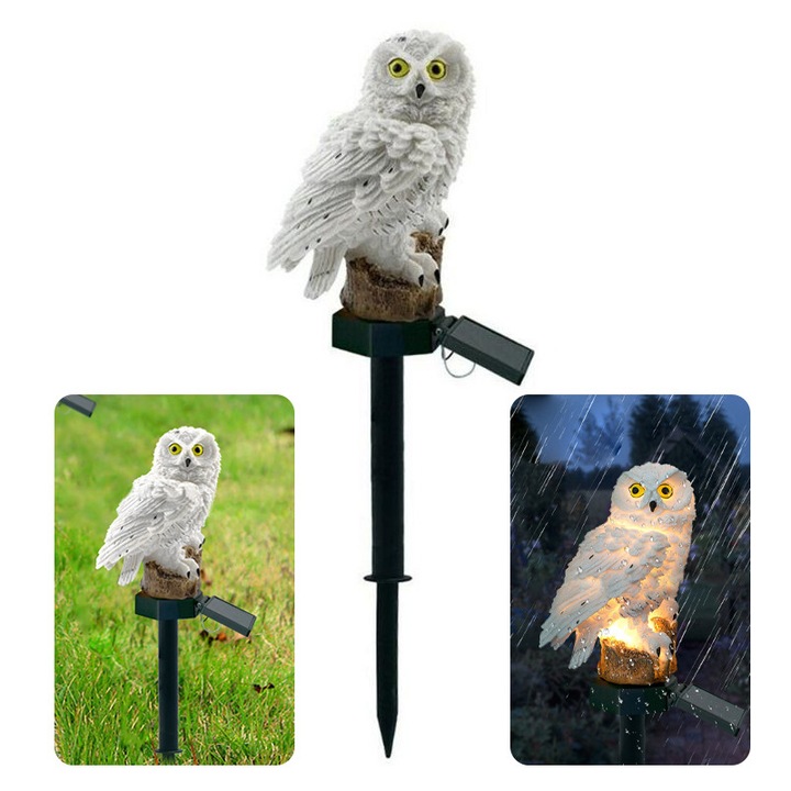 Lampa Solara de Exterior, cu Panou Solar Incorporat, Mobil 180°, Iluminare LED, pentru Gradina, Curte, Terasa, Decorativ, tip Bufnita cu Tarus, Senzori de Amurg si Lumina, Rezistenta la Apa IP44, Alb