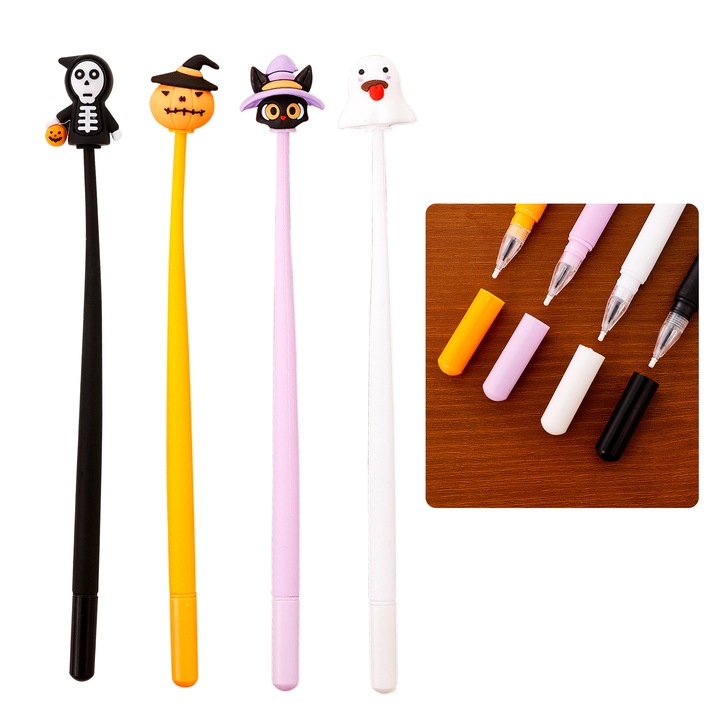 Pix Roller Stylus Pen, Set de 4 piese, Model Halloween，Un stilou interesant si dragut, Pentru Agenda, Scriere Obiective, Scoala, negru