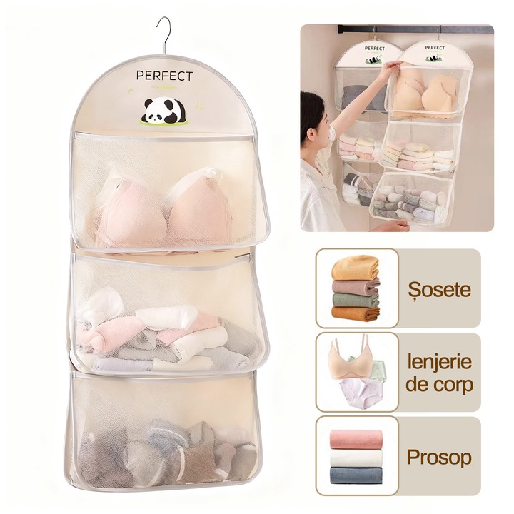 Organizator multifunctional, 3 buzunare, Vine cu un carlig, asa ca il poti agata pe usa sau in interiorul dulapului, Textil, galben