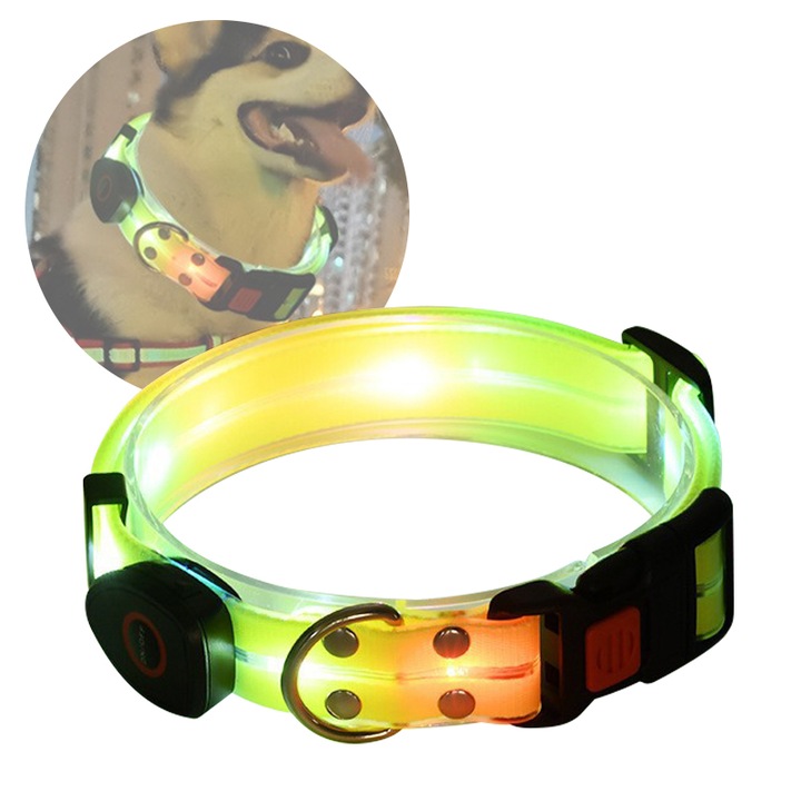 Zgarda luminoasa cu LED pentru caini, pentru vizibilitate si siguranta in timpul plimbarilor nocturne, reincarcabila USB-C, rezistenta la apa IPX7, comoda si confortabila, reglabila, verde