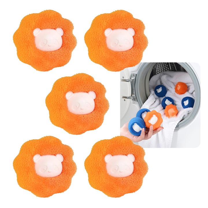 Minge pentru masina de spalat，Set de 5 piese，indeparteaza parul animalelor, nailon si plastic, 6x6cm，Material de burete, portocaliu