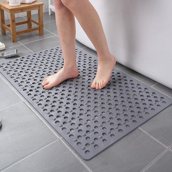 Covor antiderapant baie, 79 x 46 cm, Se scurge apa rapid, Design anti-alunecare, Usor de curatat si de depozitat, Pentru baie, cada si camera de dus, Material PVC, gri