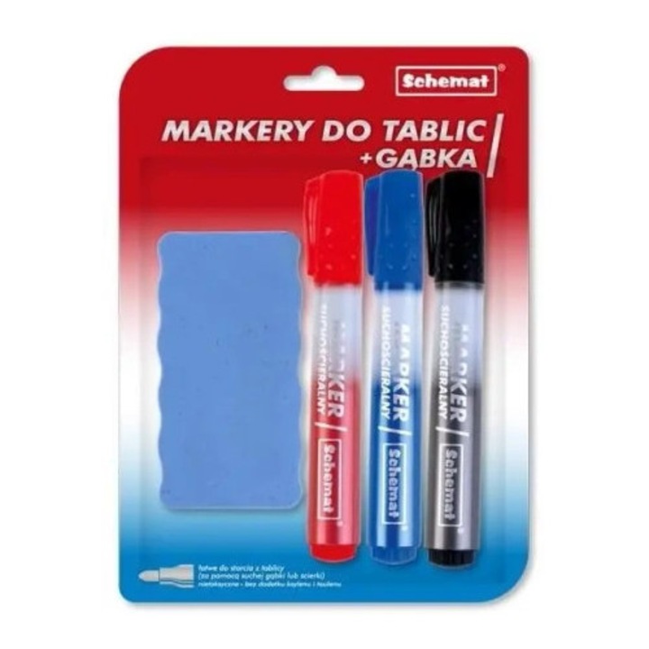 Set markere uscate pentru tabla, Schemat, 3 markere, culoare multicolor, cu guma de sters magnetica