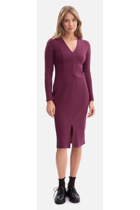 Ceruza ruha, B307 fekete hosszú ujjú, V-nyakú, csipke, bélés nélküli, midi hosszúságú, Szilva