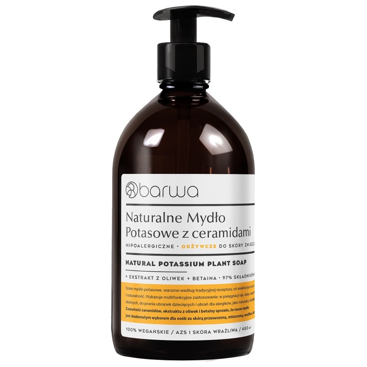 Хипоалергенен сапун BARWA, потасов, 480 мл, със серамиди и екстракт от маслини, за суха кожа