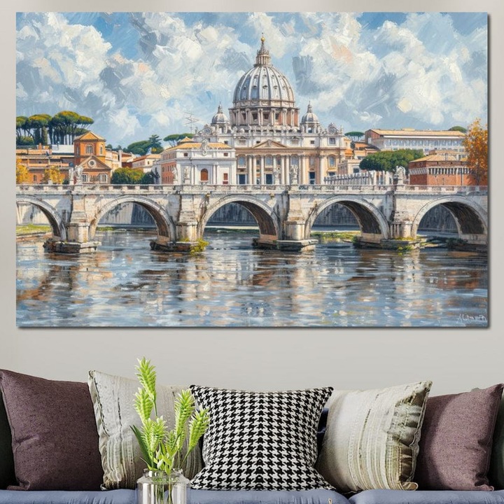 Tablou Canvas Premium, LuxCanva® O1054, Calea spre Vatican, 100 X 150 CM, Panza Bumbac 100% 400g/m2, Sasiu, Lemn, Roma, Etern, Tibru, Bazilica, Pod, Cupola, Oras, Vatican, Sfantul Petru, Baroca, Italia, Monument, Istoric, Papa, Birou, Living, Dormitor