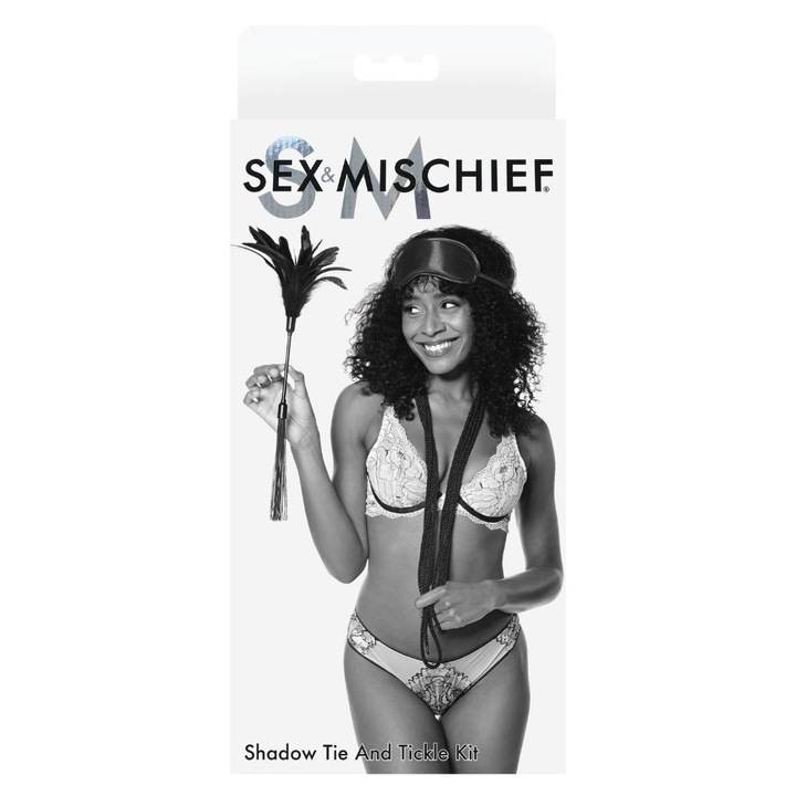 Kit Shadow Tie and Tickle, Sex & Mischief, 2 frânghii din bumbac, masca moale, bici mini