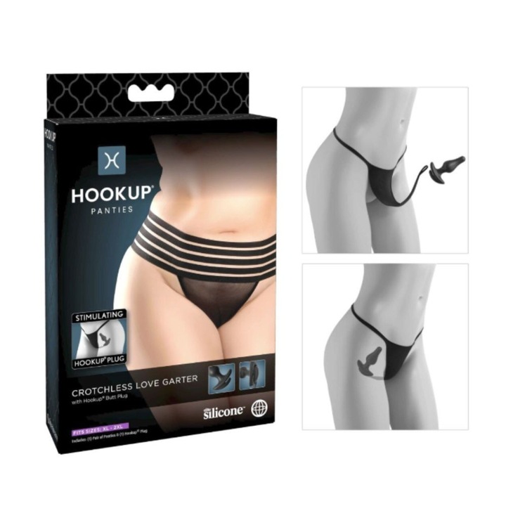 Set lenjerie erotică cu dop anal, hookup, XL-2XL, culoare neagră