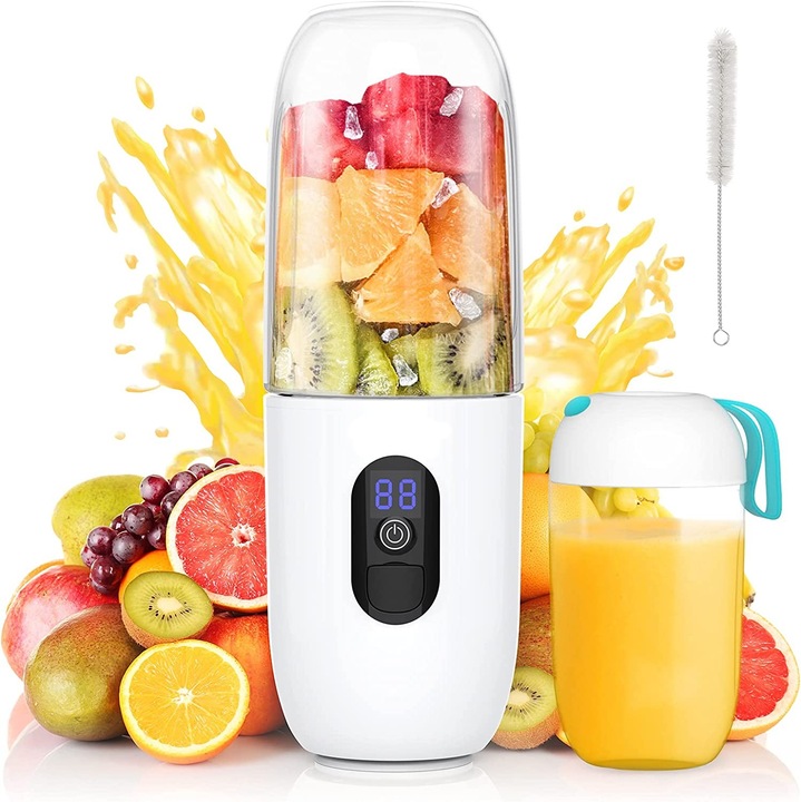 Mini Blender Electric NEW RealMix White IdealStore, Portabil, Incarcare magnetica la orice port USB, 6 Lame din otel inoxidabil, Capacitate 510 ml, Putere 25.000 rpm, Usor de curatat, Afisaj LCD