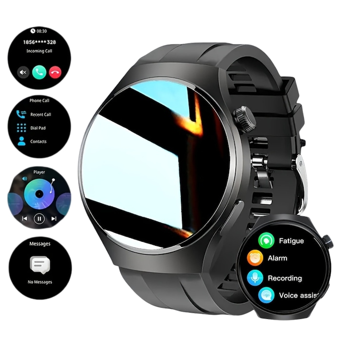 Ceas Smartwatch, Ecran HD OLED, Asistent Vocal AI, Apeluri Bluetooth, Ritm cardiac, Monitorizarea somnului, Sport, Rezistent la Apa, 300mAh, Bratara Silicon, Compatibil cu iOS & Android, EMPrime, Curea silicon, Negru