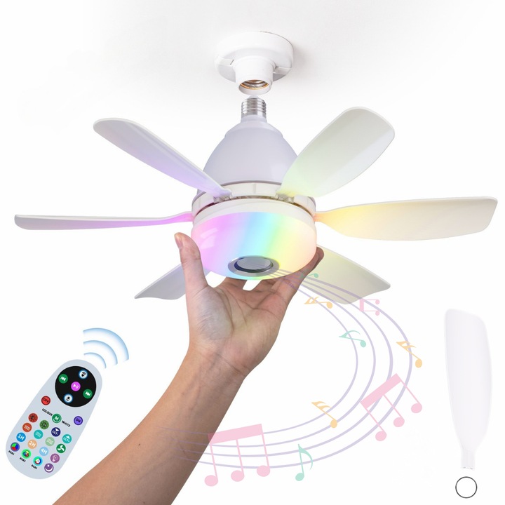 SMART mennyezeti ventilátor LED világítással és hangszóróval, Bluetooth kapcsolat, 32W lámpa, 7 RGB szín, 47 cm átmérő, 1H/2H/4H időzítő funkció, 3 fényszín, 3 ventilátor sebesség, zenével szinkronizált fények és szivárvány, éjszakai mód, fehér