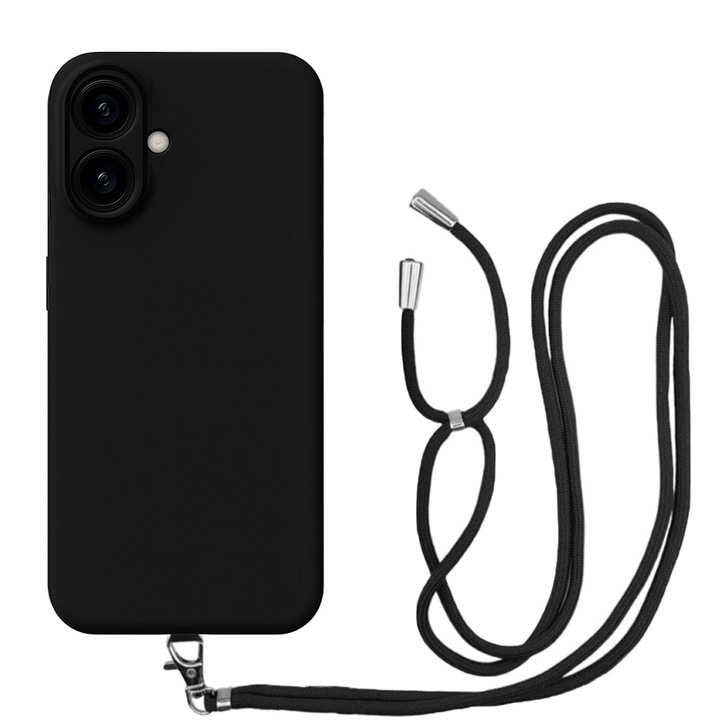 Husa compatibila cu Apple iPhone 17, Sport Body Lanyard Case, Snur detasabil, Lungime reglabila, 80 cm, Silicon anti-alunecare, Interior de microfibra, Negru
