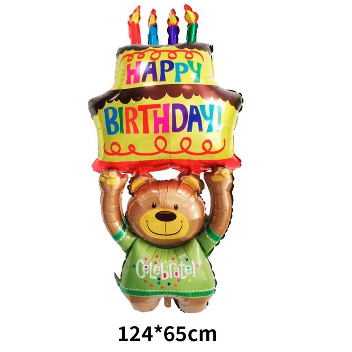 Balon din Pelicula protectie Metalizata, Southern Sky, Figurine Animalute, Model Ursulet cu Tort Aniversar, 124x65 cm, Ambalaj Individual, Pai Inclus, Umflare cu Aer sau Heliu, Multicolor - calitate superioara