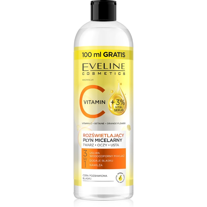 Apa micelara 3in1 cu vitamina C, Eveline, 500 ml, curatare si tonizare, pentru toate tipurile de piele