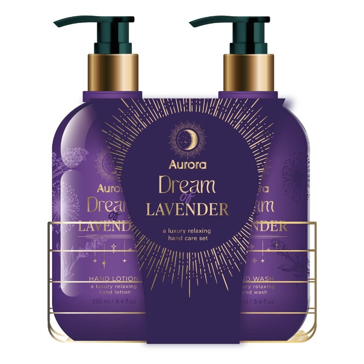 Aurora Dream of Lavender ajándékszett, 2 termék, 250 ml kézszappan, 250 ml kézbalzsam, metál, arany
