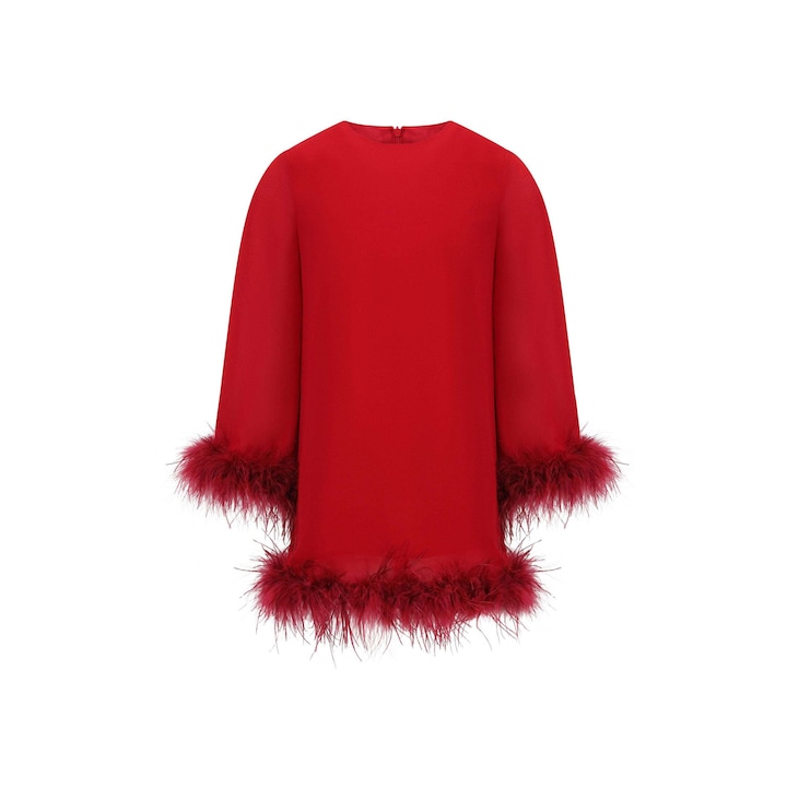 BALOU, Rochie cu maneci lungi si garnituri cu puf, Rosu