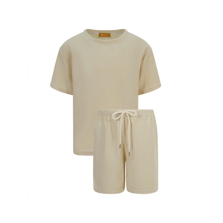 BALOU, Set de tricou uni si pantaloni scurti cu snur - 2 piese, Maro camel