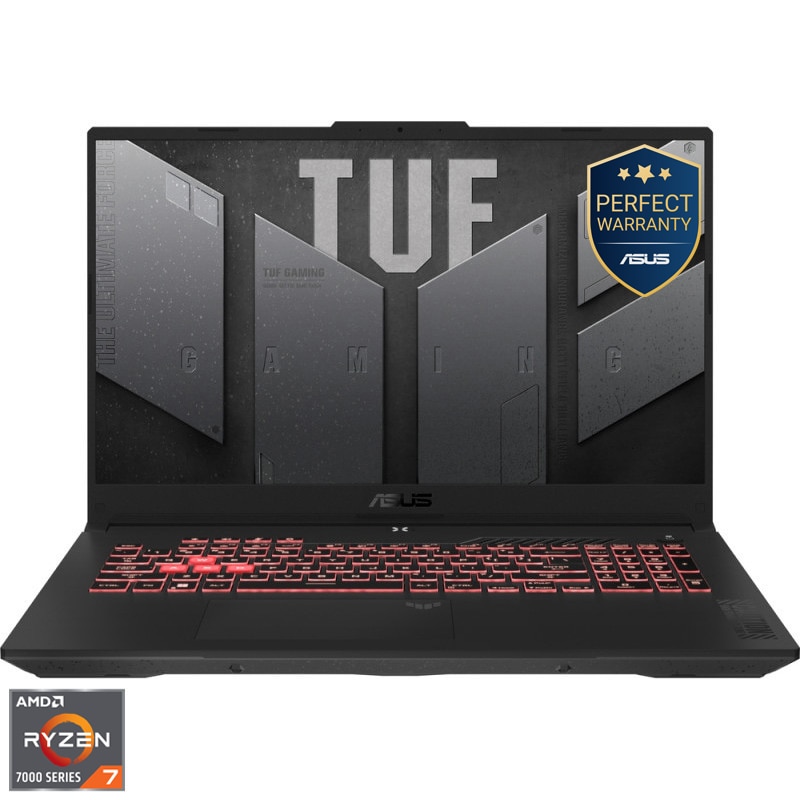 Laptop Gaming ASUS TUF A17 cu procesor AMD Ryzen™ 7 7445HS pana la 4.7GHz, 17.3'', Full HD, 144Hz, IPS, 16GB DDR5 RAM, 512GB SSD, NVIDIA® GeForce RTX™ 4050 6GB GDDR6, No OS, Mecha