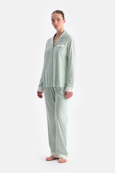 DAGI, Pijama cu imprimeu si nasturi, Verde pal/Verde menta