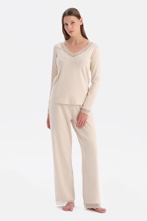 DAGI, Pijama texturata cu decolteu in V, Bej, XL