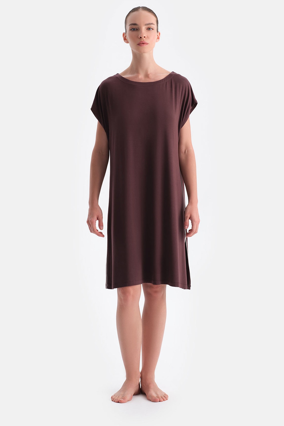 DAGI, Rochie lejera uni cu maneci scurte, Maro inchis, M