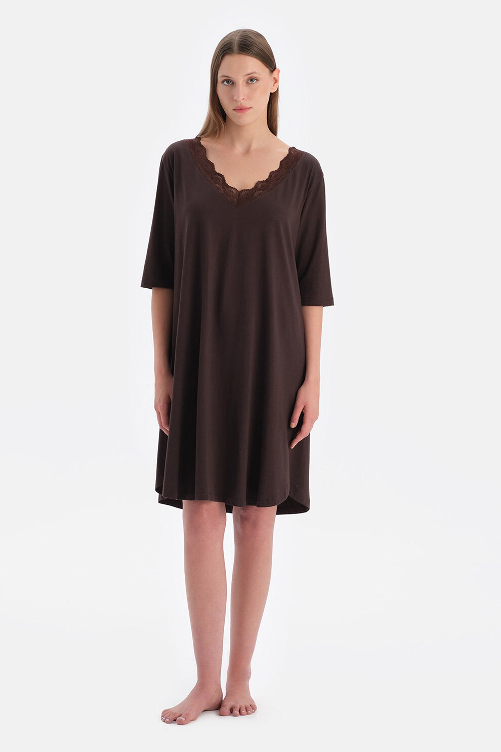 DAGI, Rochie lejera uni cu maneci scurte, Maro inchis, M