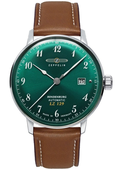 Férfi karóra Zeppelin 8056-4, automata, zöld, 50m vízálló, barna bőrszíj