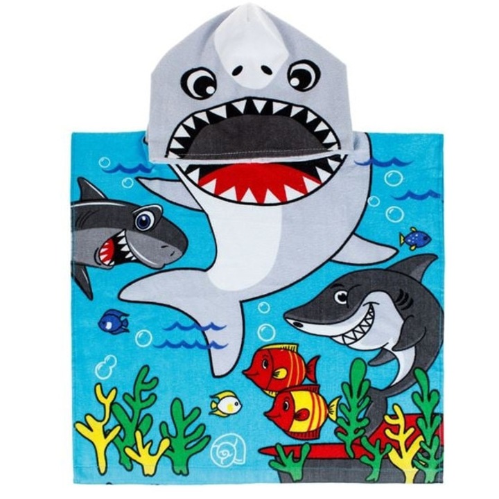 Плажна кърпа пончо с качулка от памук Акула за деца 50x100см