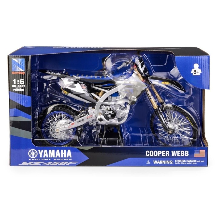 Yamaha YZ450F Star Racing Team 2022 játék motorkerékpár modell, 1:6, Daffi, valósághű részletek, 36x13,5x23cm, Cooper Webb figurával