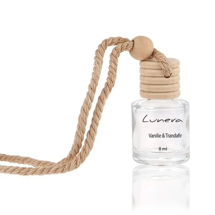 Odorizant auto, Lunera, 8 ml, sticluta cu dop din lemn, parfum frantuzesc, pentru oglinda – Vanilie & Trandafir