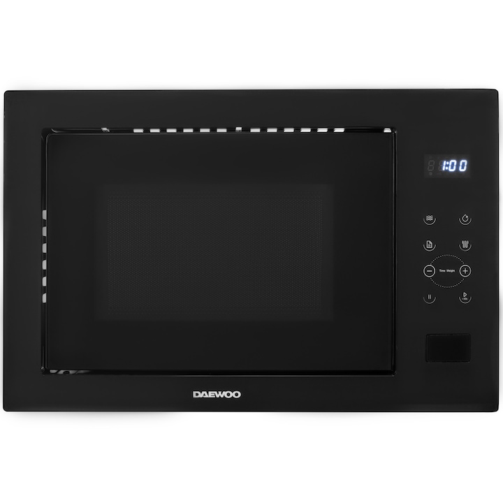 Daewoo KOC-25GB-2 beépíthető mikrohullámú sütő, 25l, 850W teljesítmény, Digitális vezérlés, Érintőgombok, 1200W grill, LED kijelző, Szürke kerámia sütőtér, 8 előre beállított program, 315mm átmérőjű forgótányér, Fekete